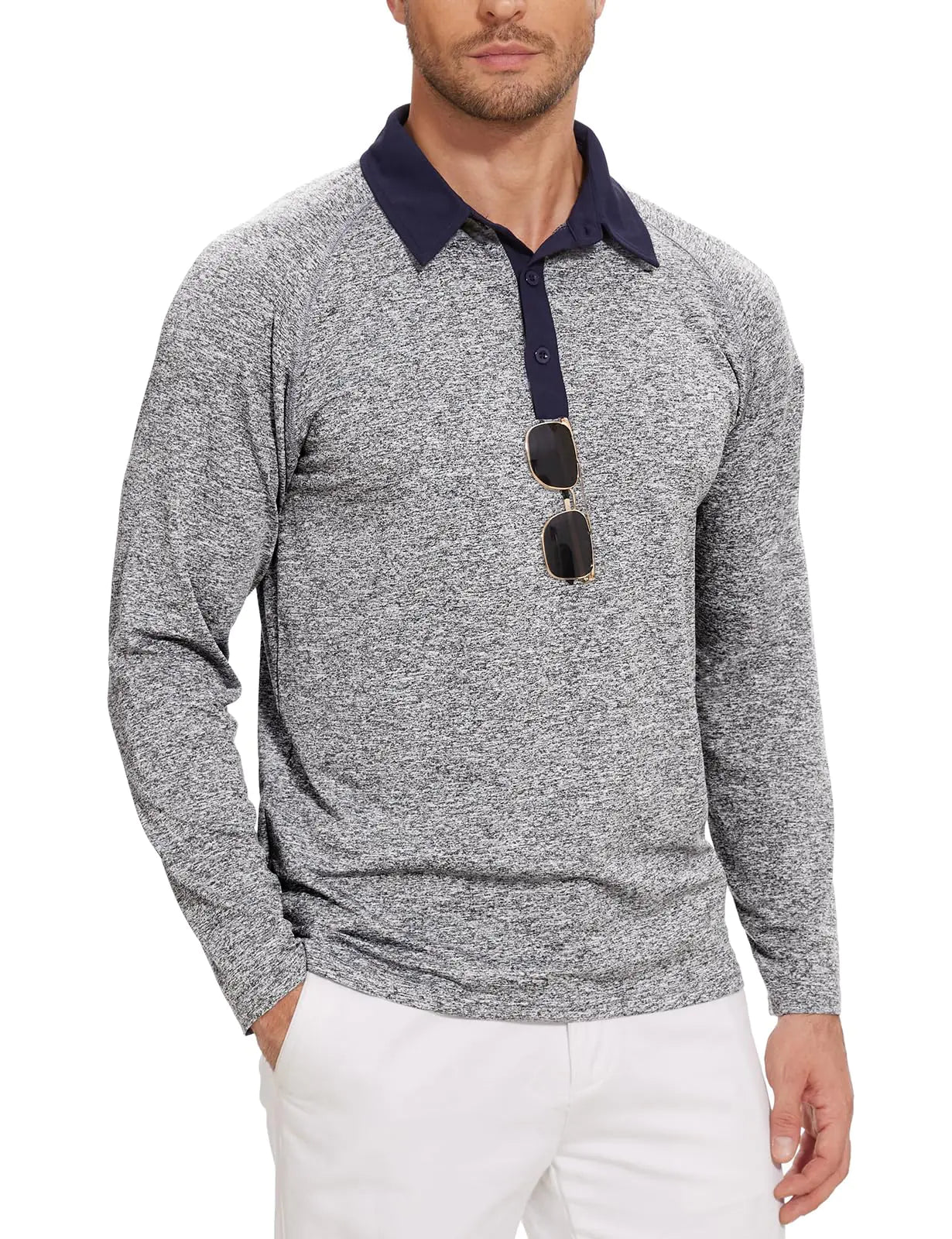 Tanst Sky Polo Shirts for Men Long Sleeve Golf Shirt Dry Fit Tactical Fishing Work Raglan Shirts Lightweight UPF 50 Moisture Wicking Athletic Workout Clothes Grey M