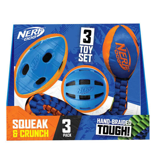 Nerf Dog Three Toy Gift Set: Crunch Ball Tug Football and Squeak Football Gift Set