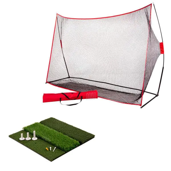 Golf Net and 3-Level Mat Set - 10x7ft Net and 24x24in Mat with Fairway Rough and Driving Turf ? Indoor/Outdoor Golf Training Equipment by Wakeman