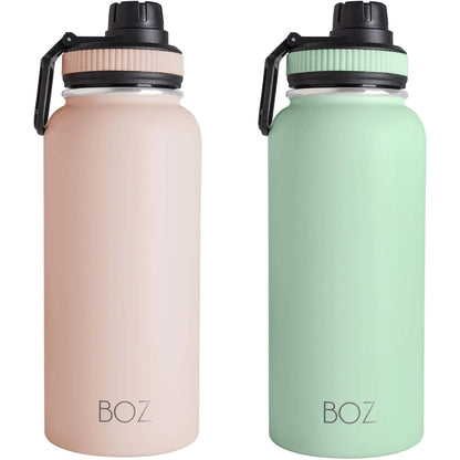BOZ Stainless Steel Water Bottles 2 Pack Bundle - Pink Water Bottle + Green Water Bottle - Vaccum Insulated Water Bottles 32 Oz - Wide Mouth BPA Free Sport Water Bottles for Gym with Spout Lid