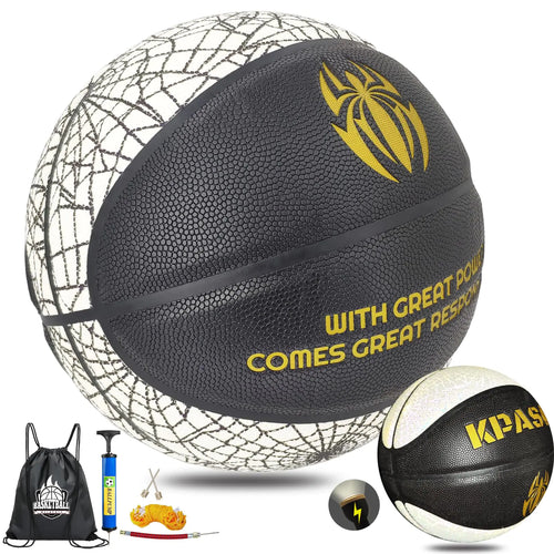KPASON Basketball Holographic Basketball Indoor Outdor Reflective Glowing Leather Basketball Size 7 with Pump (Black White)