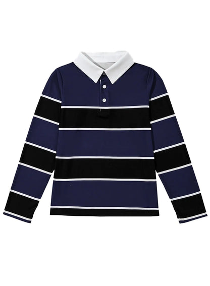 blibean Boys Long Sleeve Polo Shirt Tween Casual Dress Top Big Kids Formal Rugby Button Down Collared Knit Striped Outfit Teen Dressy Golf Clothes Size 6-7 Years Old Navy Blue