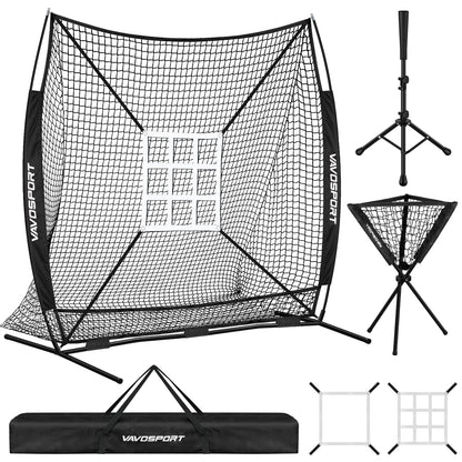 7x7 Baseball & Softball Net for Batting Pitching Hitting - Large Ball Collection System with Strike Zone Baseball Tee Ball Caddy Portable Baseball Training Equipment for Adult SportYouth Practice