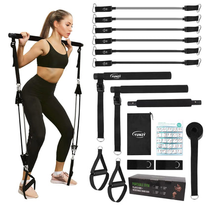 YUNZY Pilates Bar Kit with Resistance Bands Multi-Purpose Pilates bar with Metal for YogaPilates Exercises.Home Gym Pilates BarPilates Flexbands with Door Anchor for Men and Women (Black)