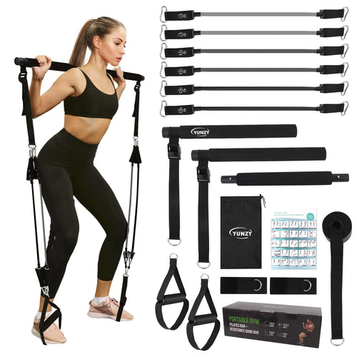 YUNZY Pilates Bar Kit with Resistance Bands Multi-Purpose Pilates bar with Metal for YogaPilates Exercises.Home Gym Pilates BarPilates Flexbands with Door Anchor for Men and Women (Black)