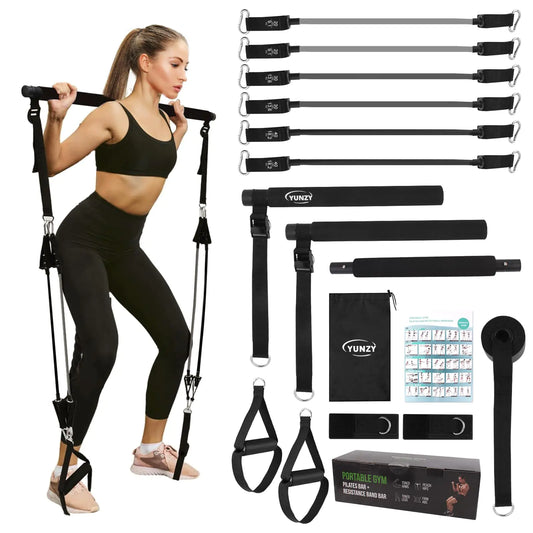 YUNZY Pilates Bar Kit with Resistance Bands Multi-Purpose Pilates bar with Metal for YogaPilates Exercises.Home Gym Pilates BarPilates Flexbands with Door Anchor for Men and Women (Black)