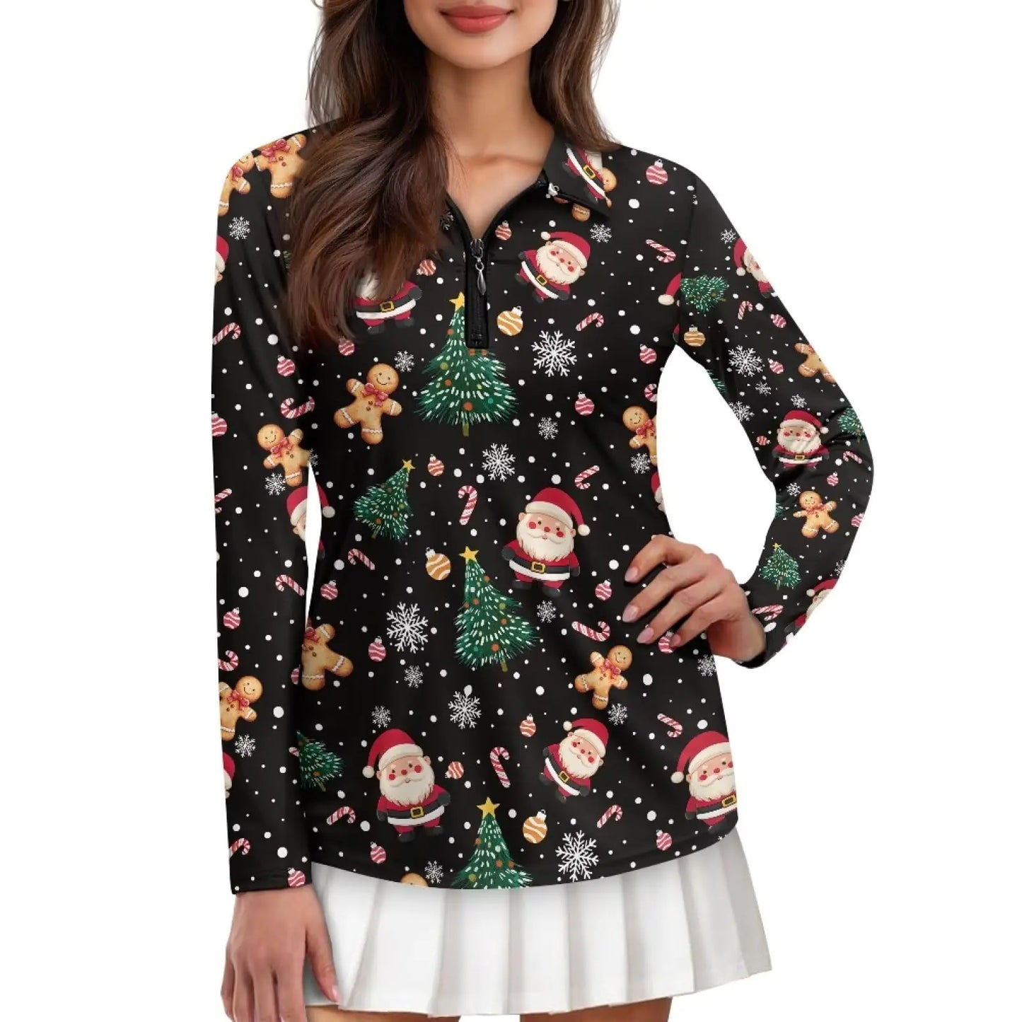 Suhoaziia Womens Golf Shirt Long Sleeve Zip Up Polo Shirts Sports Club Quick Dry Tennis Shirts Fashion Golf Clothes Golf Polo Shirts Christmas Clothes Santa Claus Tree Snowflake