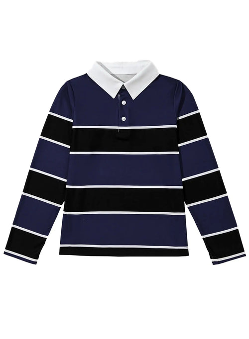 blibean Boys Long Sleeve Polo Shirt Tween Casual Dress Top Big Kids Formal Rugby Button Down Collared Knit Striped Outfit Teen Dressy Golf Clothes Size 6-7 Years Old Navy Blue