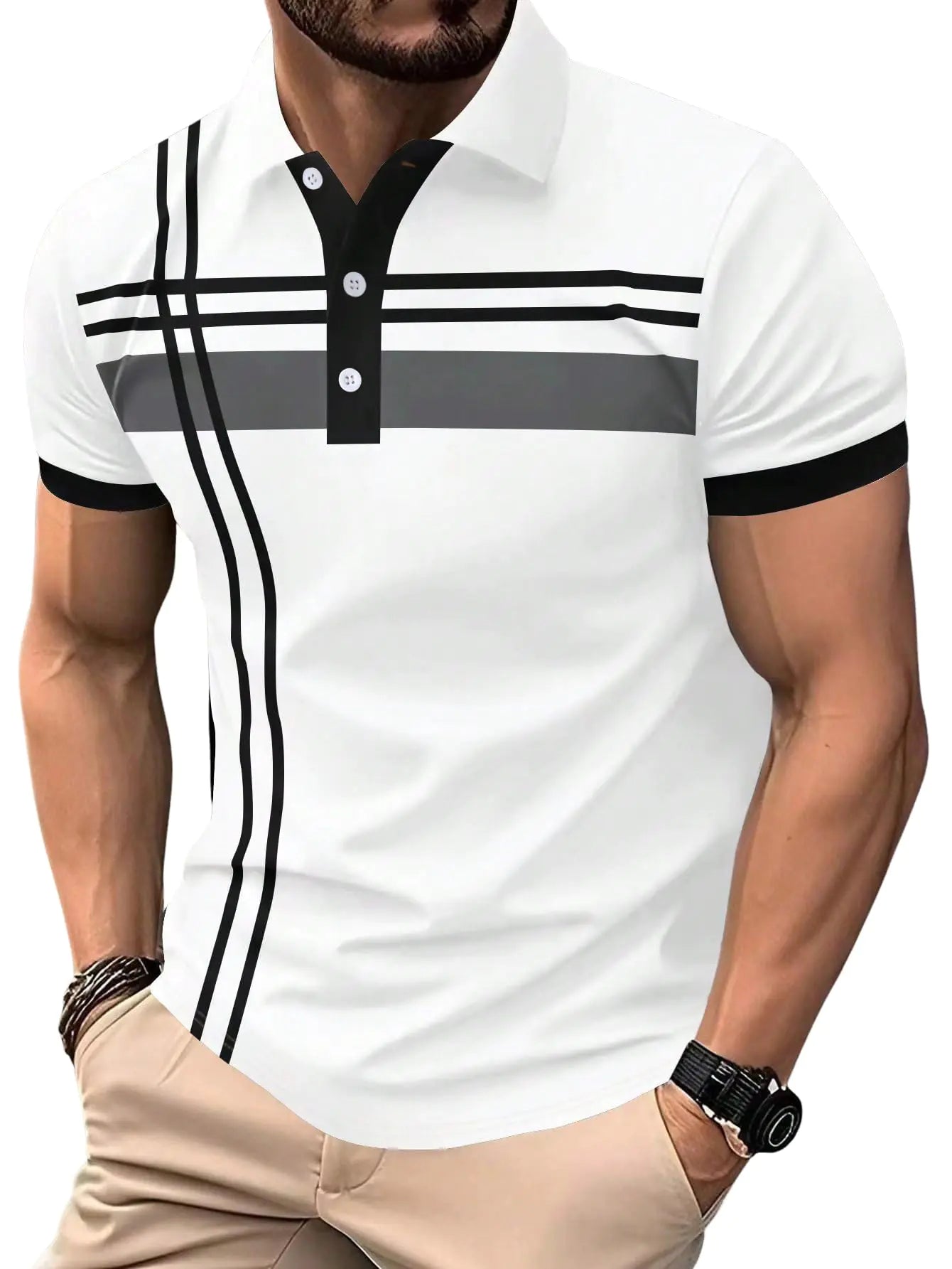 SOLY HUX Mens Summer Short Sleeve Shirt Printed Casual T-Shirt Button Golf Shirts Top Mens Clothes White Striped Large