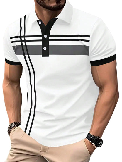 SOLY HUX Mens Summer Short Sleeve Shirt Printed Casual T-Shirt Button Golf Shirts Top Mens Clothes White Striped Large