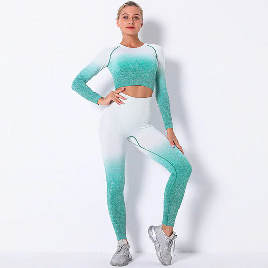 Seamless Gradient Multicolor Long Sleeve Gym Outfit